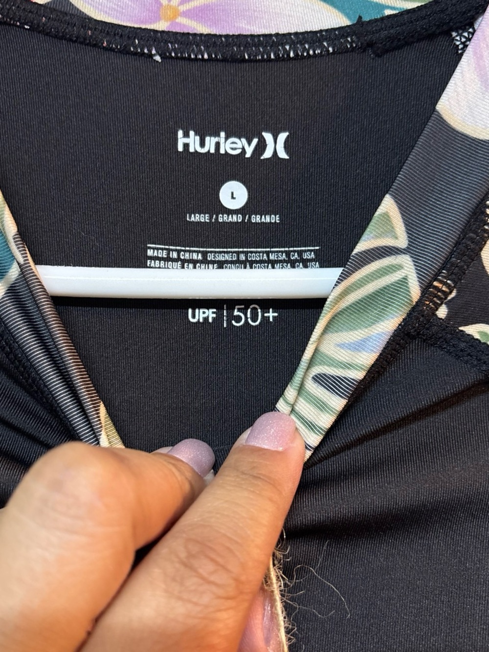 Hurley Black Swim Top with Tropical Floral Sleeves - Picture 2 of 2